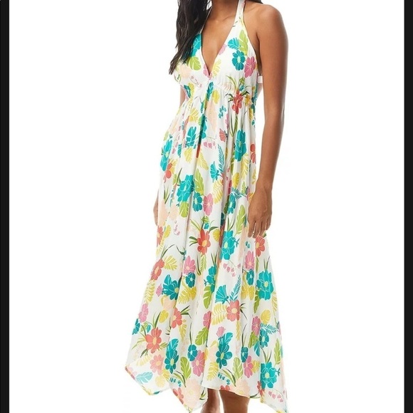 KATE Spade New York Tropical Floral Halter Maxi Dress Cover-Up White Medium NWT - Picture 1 of 6